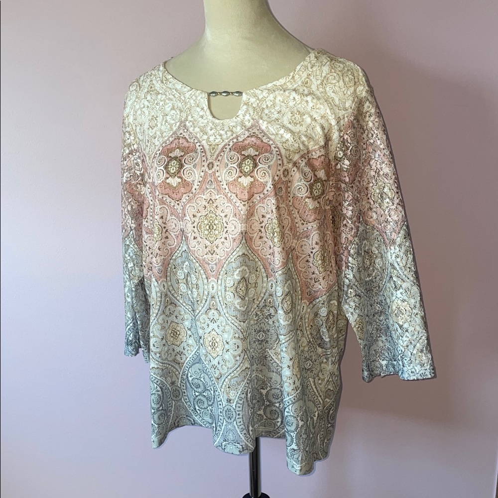 Alfred Dunner Blue Pink 3/4 Sleeve Boxy Blouse